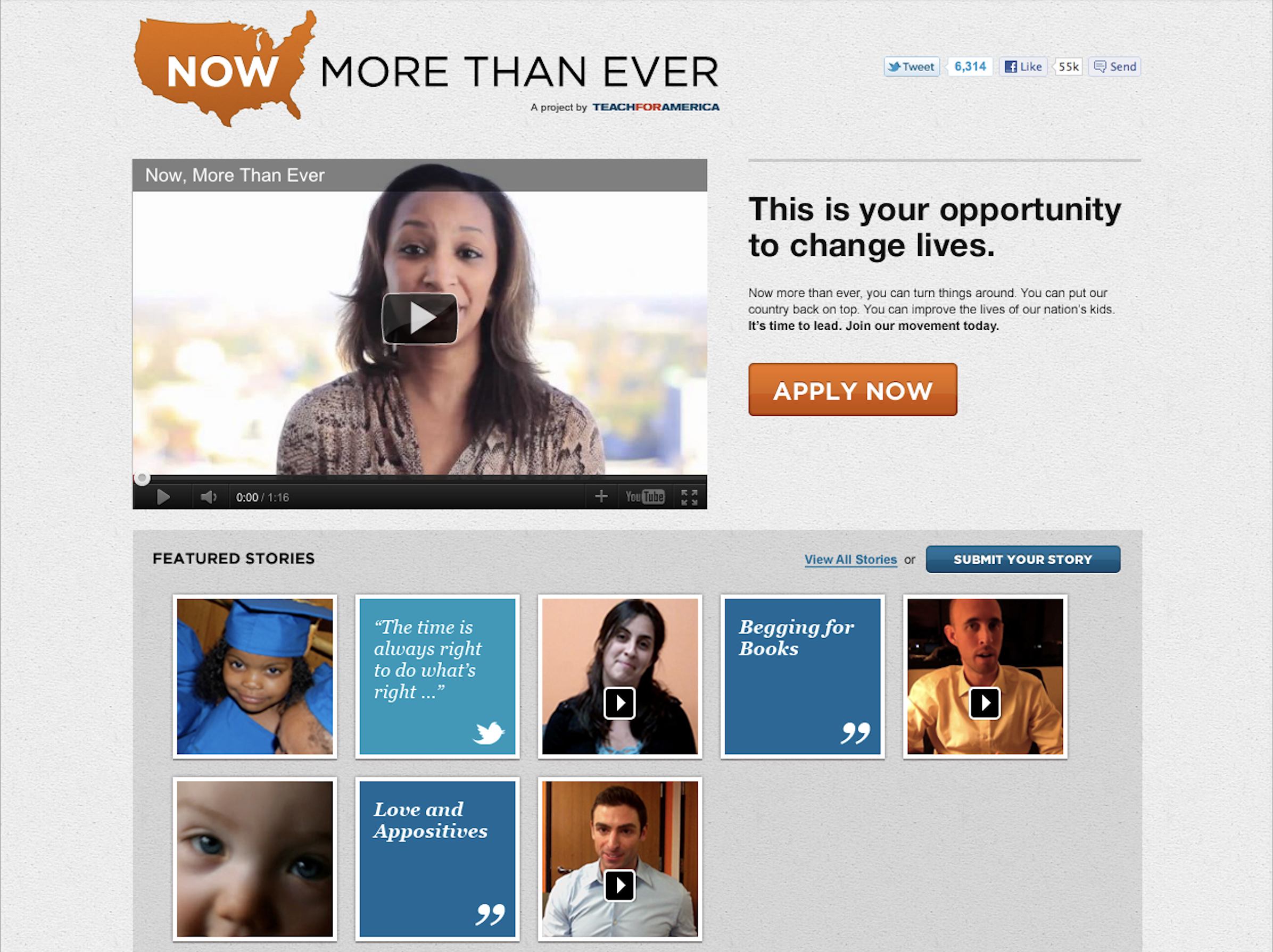 Landing page for the 'Now More Than Ever' project for Teach For America