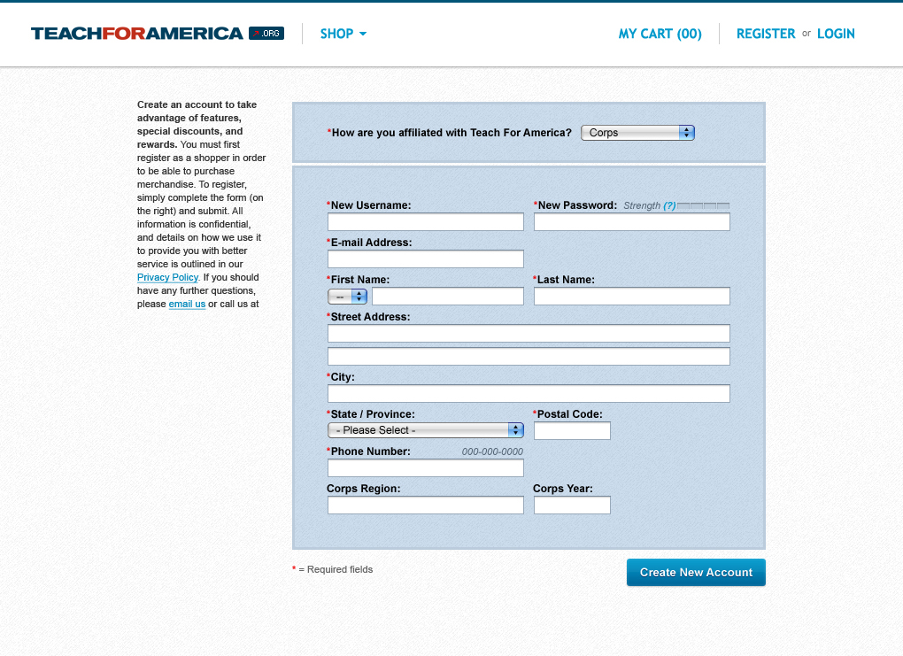 Form UI for creating a new account on the redesigned online store for Teach For America